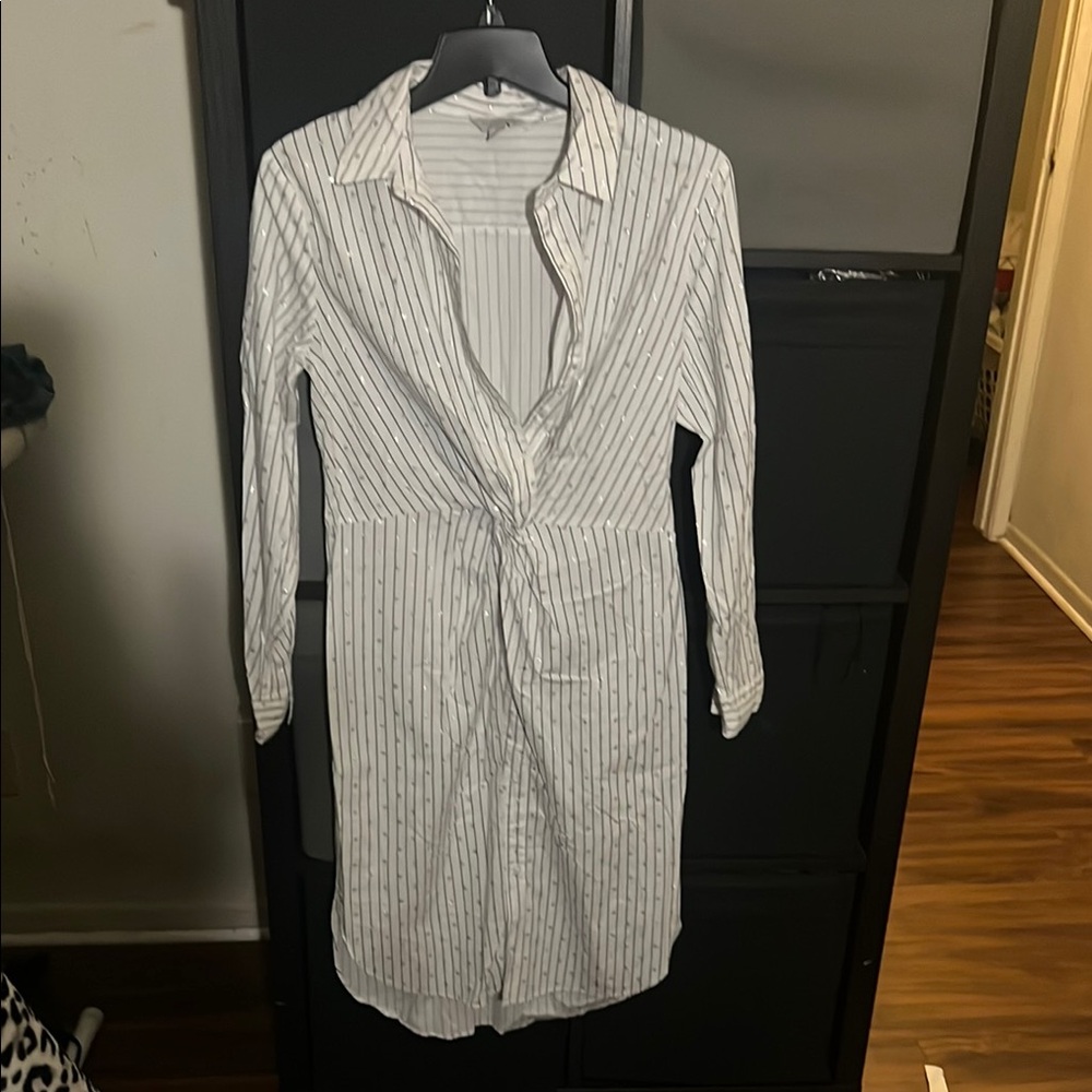 Striped White and Gray Long Sleeve Dress